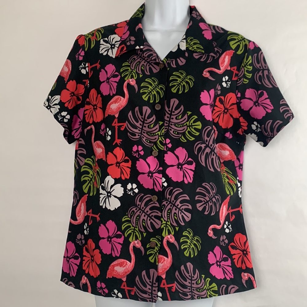 Alvish Enjoy Life Hawaiian Flamingo short sleeve button down shirt Size M